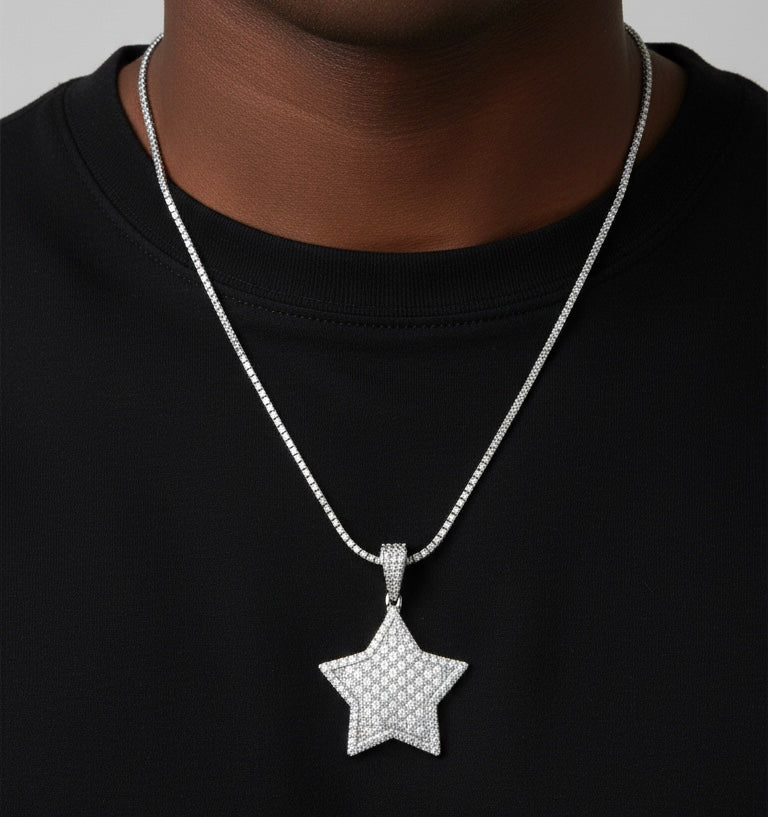 The Star Orbit Pendant with a 2mm tennis neck chain